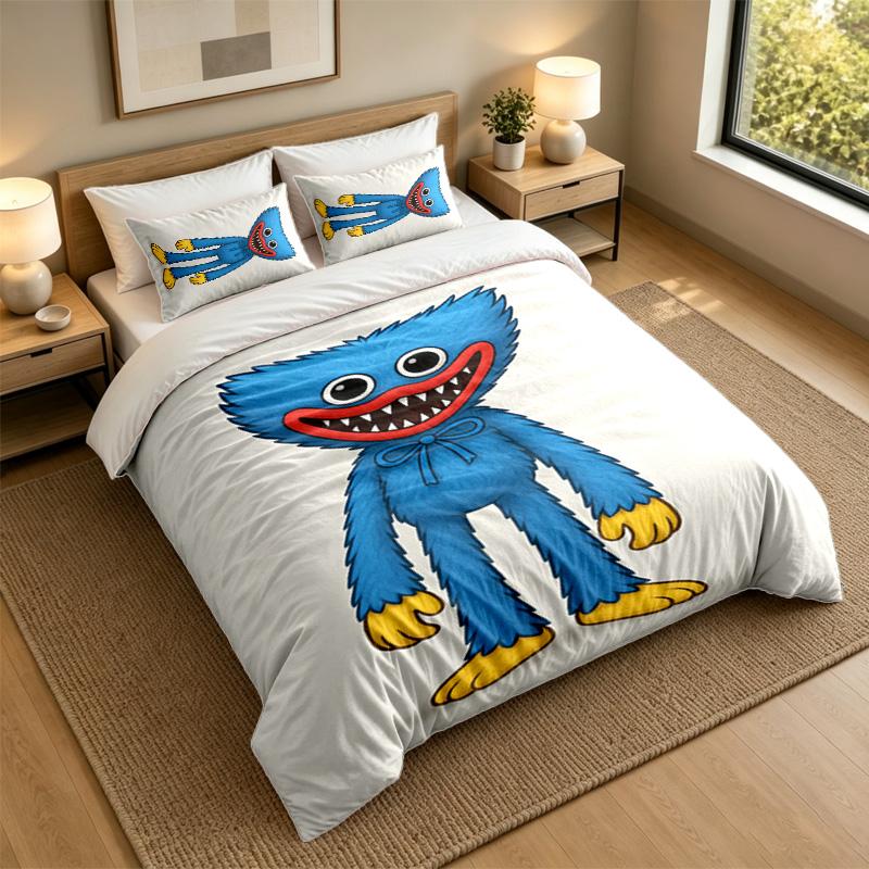 Soft Bedding Set Huggy Wuggy Pattern, 1 Duvet Cover plus 2 Pillowcases Stylish Bedroom Home Textile