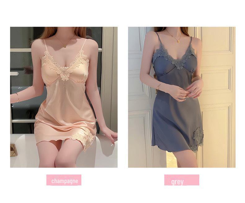 Sultry Ice Silk Satin Lace Nightdress with Chest Pads - Sexy V-Neck, Sleeveless, Plus Size