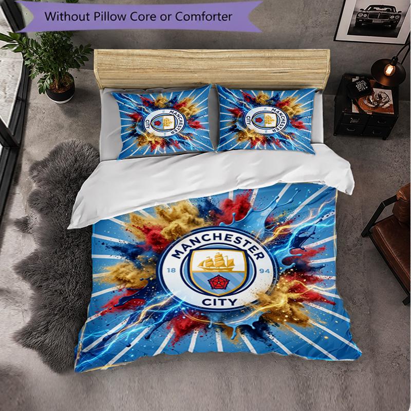 Manchester City Pattern 3 Pieces Bedding Set Soft Microfiber Duvet Cover with Pillow Cases for Bedroom