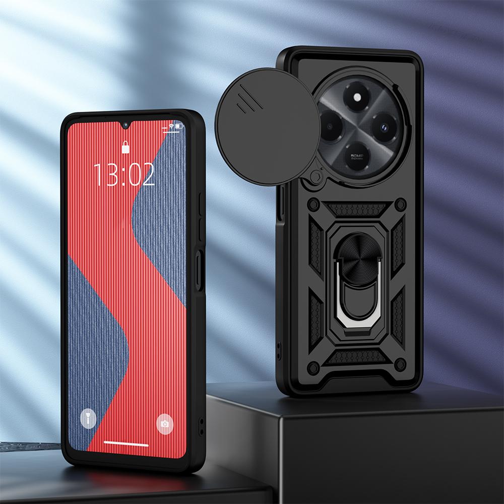 KEYSION Противоударный чехол для Xiaomi Redmi 14C Silicone+PC Slide Camera Lens Protection Ring Stand Phone Cover для Redmi 14C 4G