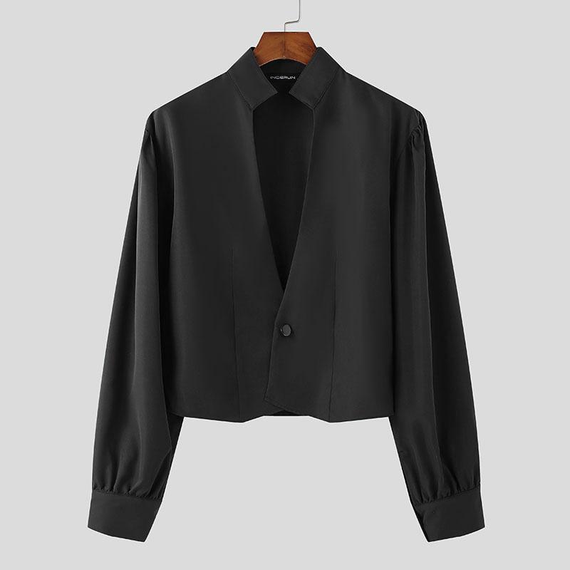 INCERUN Мужские повседневные короткие рубашки с глубоким V-образным вырезом и длинным рукавом и тонкой талией