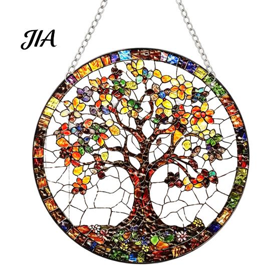 Atmosphere Enhancing Wall Decor Stained Glass Style Acrylic Window Hanging, Tree of Life & Winter Forest Double Sided Printed Ornament Round