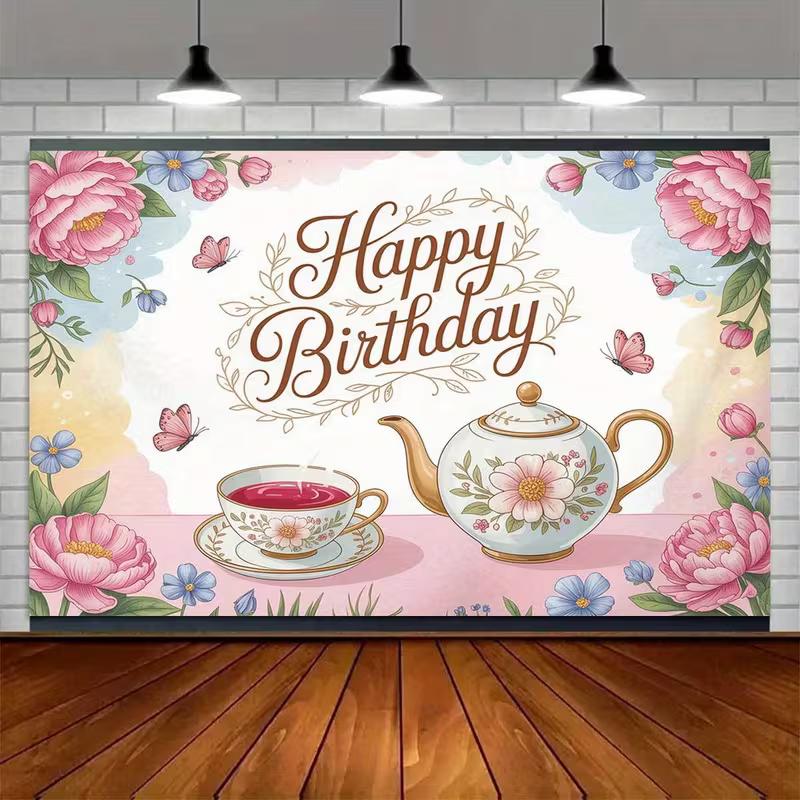 2D Floral Tea Party Happy Birthday Backdrop Photography Background