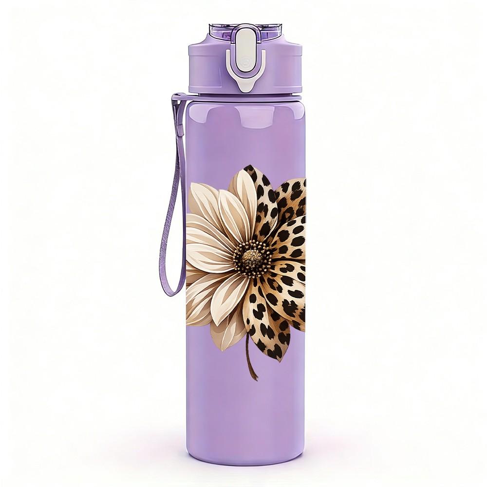 1PC Leopard Flower Blossom Mix Print 750ml Color Plastic Sports Water Bottle Leakproof Flip Straw Lid Suitable for Sports Office Home Use