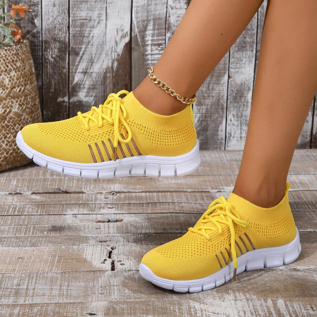 Женские кроссовки Flyknit на шнуровке для весны/лета - Дышащие сетчатые кроссовки на платформе для бега