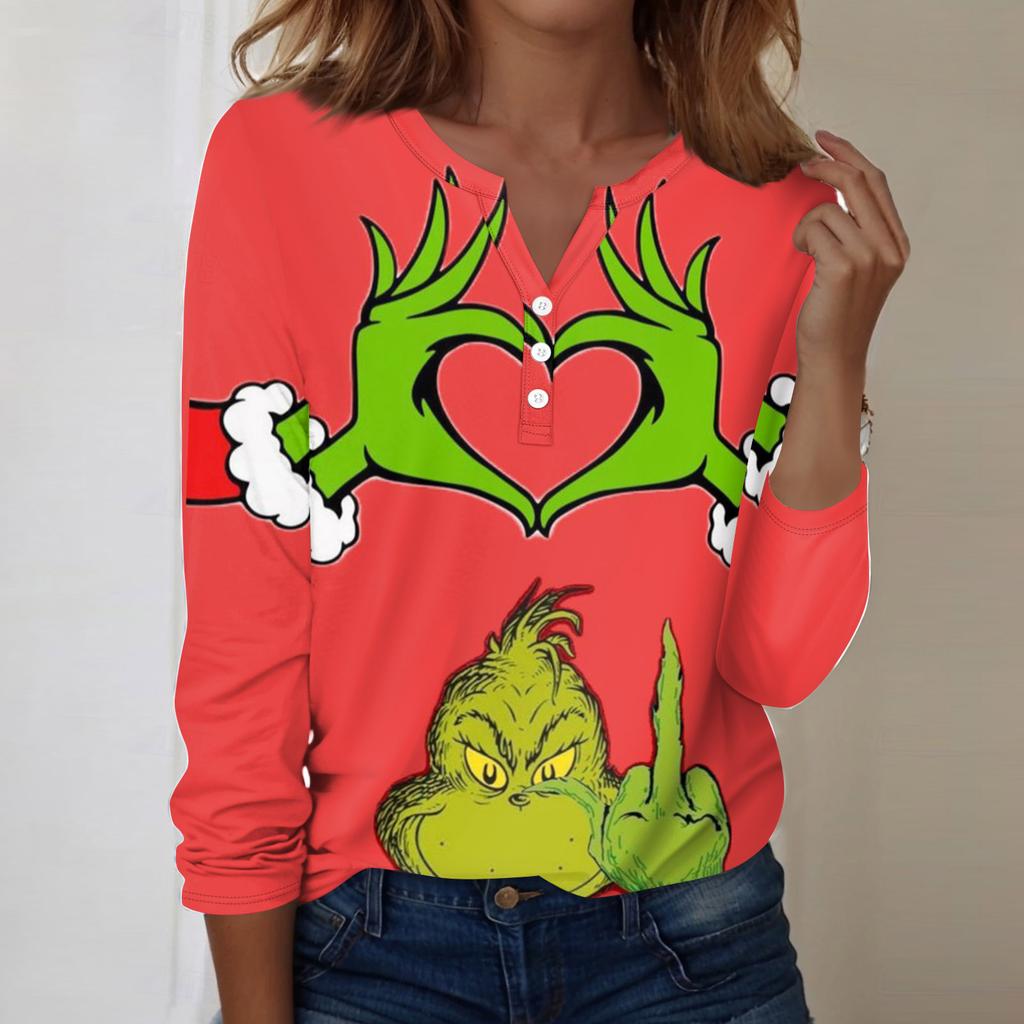 Women's Fashion Casual V-Neck Long Sleeve Decorative Button Christmas Print Top