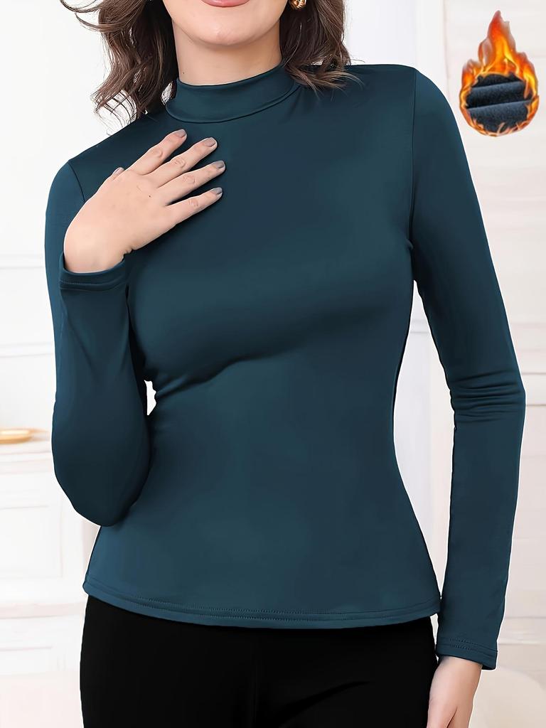 Женский базовый слой с флисовой подкладкой и круглым вырезом, облегающего кроя - Однотонный, с длинным рукавом, уютное осенне-зимнее нижнее белье