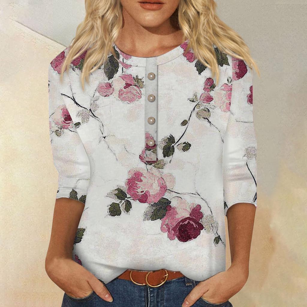 Женская мода повседневная 3/4 рукава цветочный принт пуловер круглый вырез топ повседневная одежда