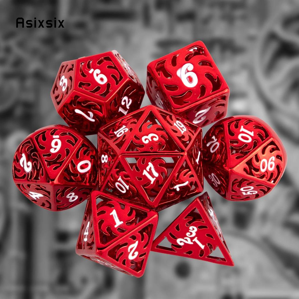 7 Pcs White Red Rotary Windmill Metal Dice Hollow Metal Polyhedral Dice Set Suitable for Role-Playing RPG Board Game Card Game