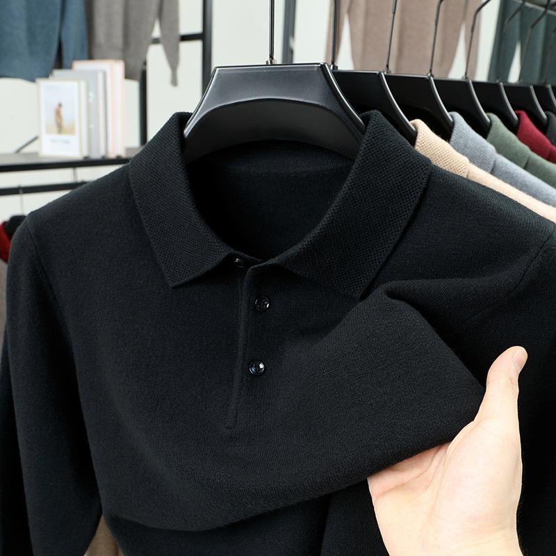 Men S Thick Knit Sweater Turn Down Collar Solid Color Long Sleeve Casual Pullover