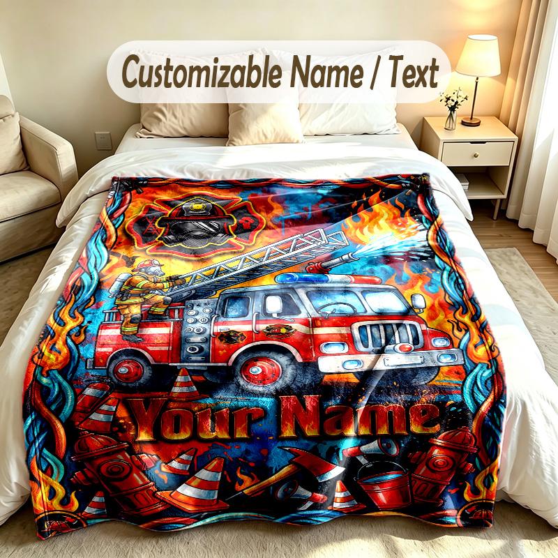 Fire Truck Theme Custom Blanket Personalized Name & Text Customized Soft Warm Throw Blanket Home Decor