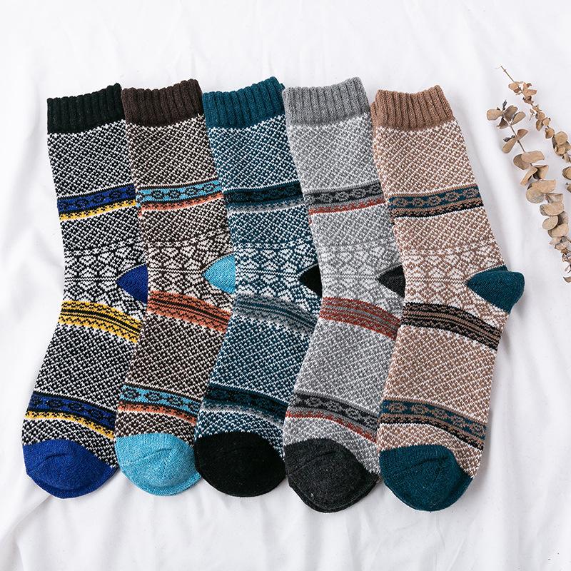 5 Pairs of Men's Winter Extended and Thickened Rabbit Wool Socks with Ethnic Style Thick Thread Mid-calf Socks