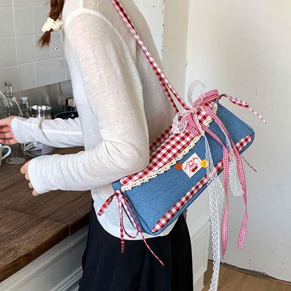 Джинсовая синяя сумка-багет, милая тканевая сумка под мышкой, портативная клетчатая сумка через плечо, на каждый день
