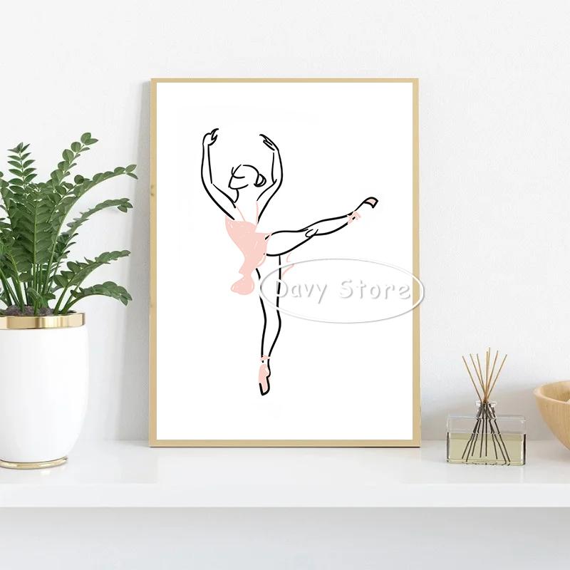 Pink Ballerina Line Abstract Poster Ballet Dancer Canvas Printing Wall Art Picture Modern Minimalist Girls Bedroom Home Decor