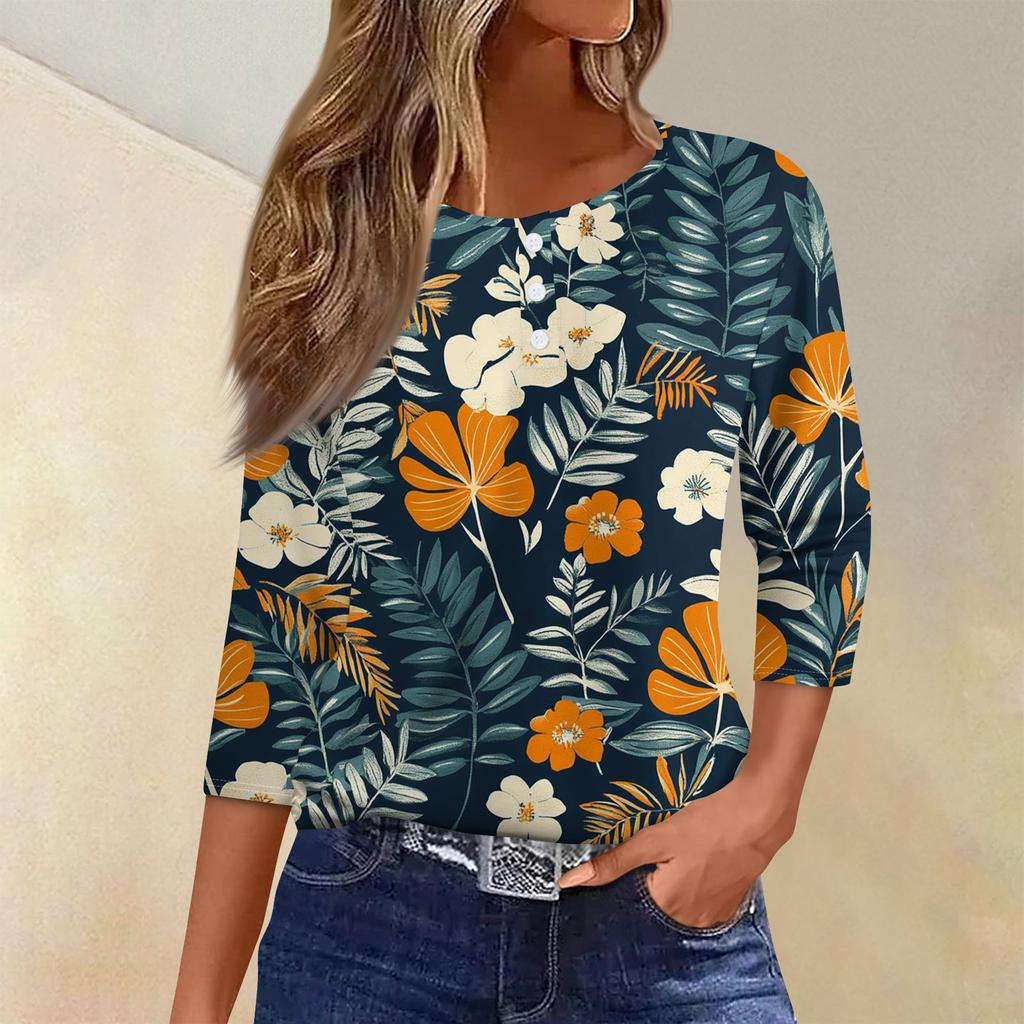 Women's T Shirt Tee Print Button 3/4 SleeveDaily Weekend Fashion Basic V- Neck Regular Top