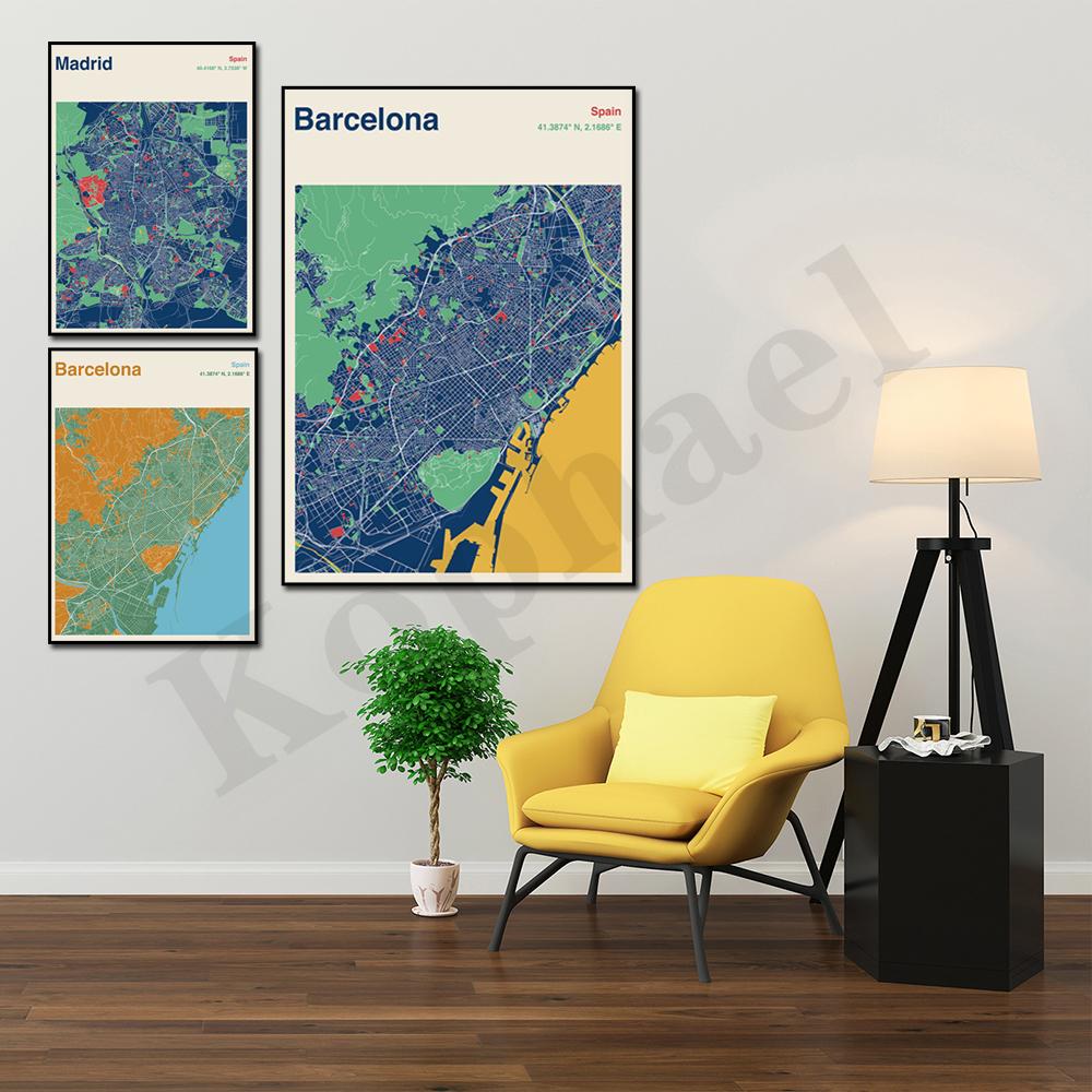 Барселона. Севилья. Бильбао. Мадрид. Альмерия. Цветная карта городов Испании. Искусство стены. плакат