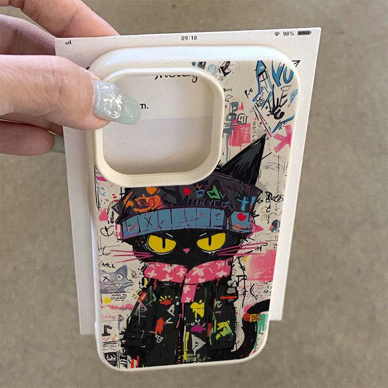 1 шт. Крутой чехол для телефона с рисунком кота в стиле граффити и личи, подходит для телефонов серий iPhone 17, 16, 15, Plus, Pro, Max - Подходит для использования в качестве подарка