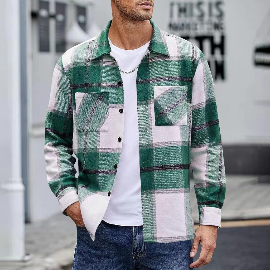 Men's Button Down Double Pocket Warm Plaid Colorblock Casual Comfortable Shirt Jacket