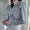 Женский топ, винтажные шифоновые топы с оборками, галстуком-бабочкой и оборками, базовая элегантная рабочая однобортная синяя рубашка, женская одежда