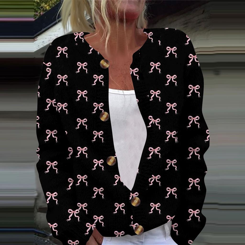 Женская мода с принтом банта, длинный рукав, вязаный кардиган, куртка на пуговицах