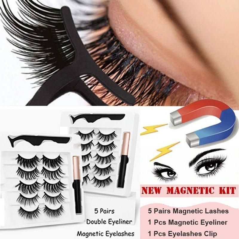 5pairs Reusable Magnetic Eyelashes 5pairs Magnet Mink Eyelashes Magnetic Liquid Eyeliner& Magnetic False Eyelashes & Tweezer Set Tool
