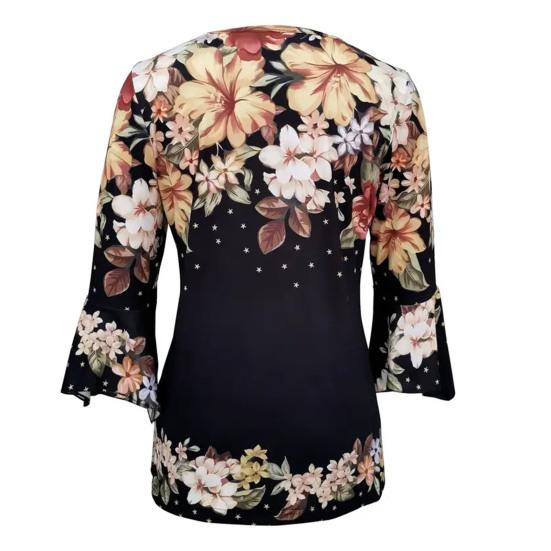 Women T-Shirt V-neck 3/4 Sleeve Pullover Tops Floral Print Lightweight Breathable Casual Tops Streetwear