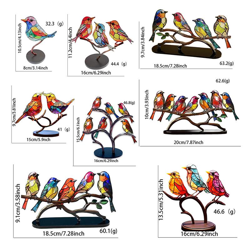 Stained Acrylic Birds On Branch Desktop Ornaments, Double Sided Multicolor Style Birds Craft Statue Desktop Ornaments