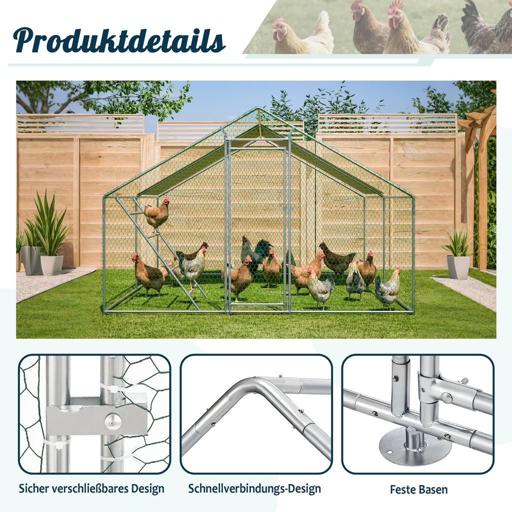 Chicken Coop 3x4m with Perch Ladder & Safety Lock - Waterproof UV Protection Tarp, Reinforced 1mm Steel Tubes - Ideal for Pigeons, Ducks, Turkeys