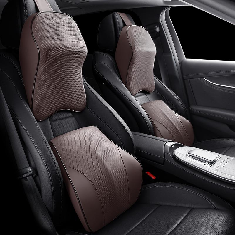Napa Leather Car Neck Pillow Memory Foam Auto Rear Seat Back Headrest Lumbar Supports Travel Cushion Cover Auto