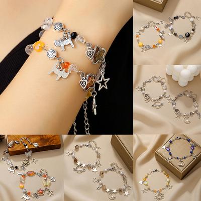 2 шт. Y2K Sun Moon Cat Charms Парные браслеты Панк Универсальный браслет из бисера Милая крутая цепочка на запястье для друзей Подарок