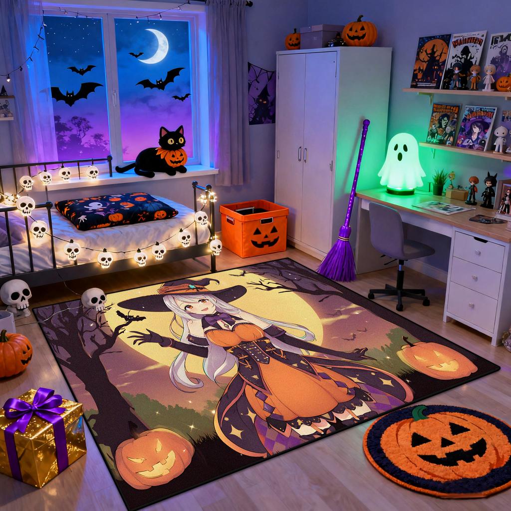 Halloween Anime Style Bedroom Bedside Carpet Pumpkin Cute Decoration Living Room Rug Girl's Room Fluffy Washable Floor Mat Soft