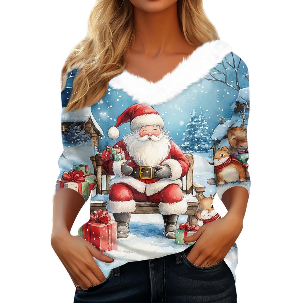 Женская мода с длинным рукавом и рождественским принтом, праздничный воротник, V-образный вырез
