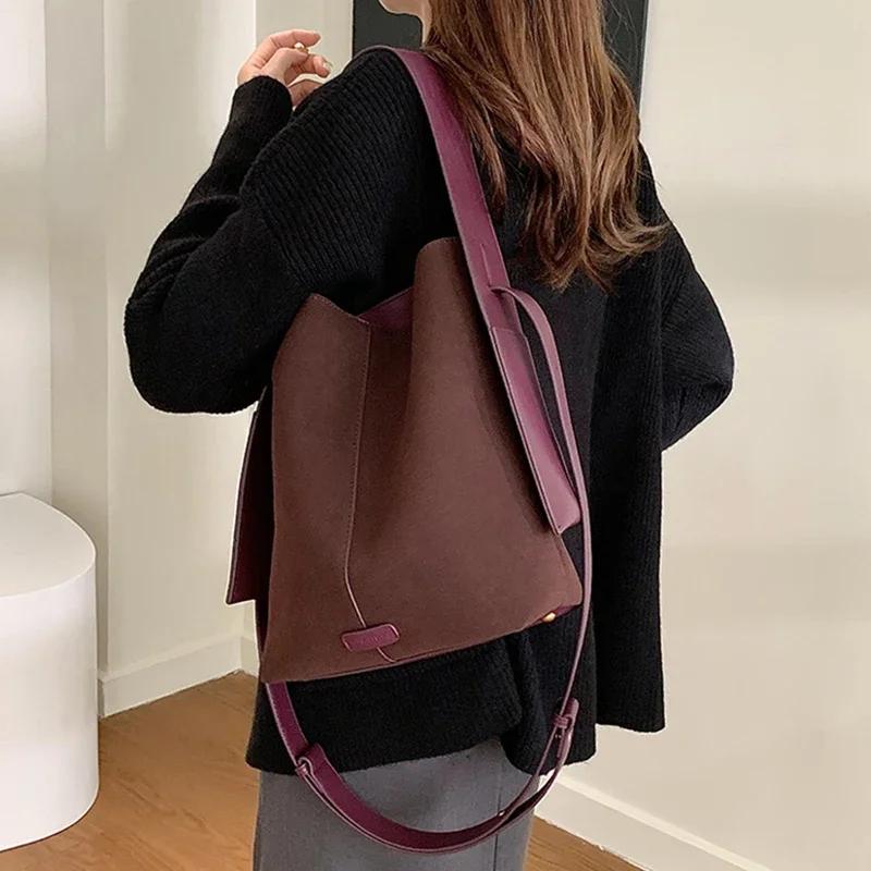 Chic Casual Style Soft Touch Bucket Tote Large Suede Ear Strap Shoulder Bag