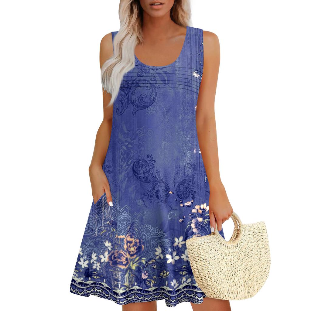 Womens Summer Dresses Loose U Neck Sleeveless Sundresses Dress With Pockets