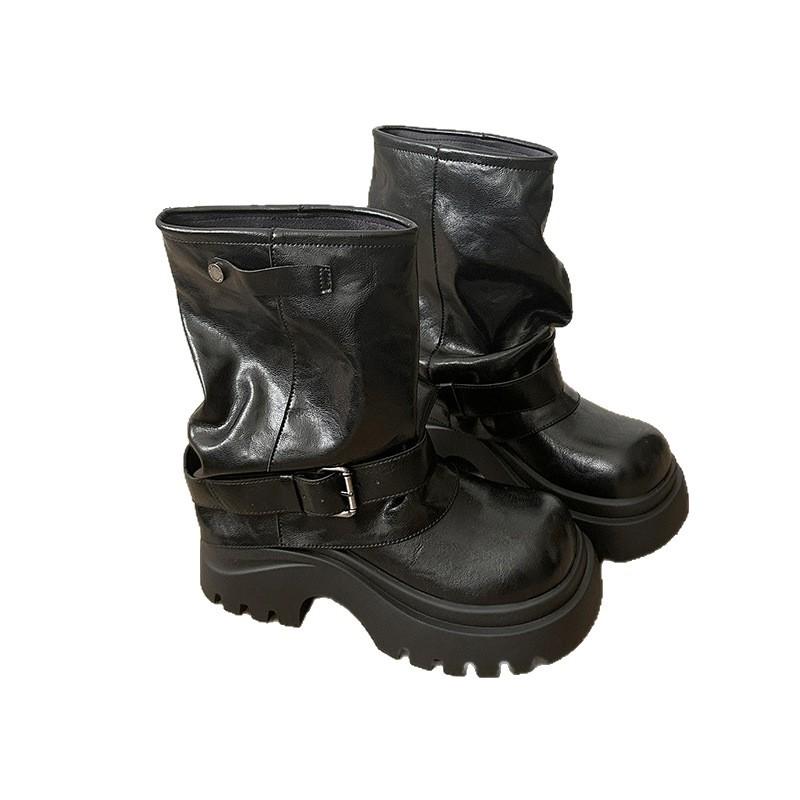Small Inner Height Increase Martin Boots Women's Pleated Stacking Boots Retro Thick Heel Western Cow Black Versatile Soft Sole
