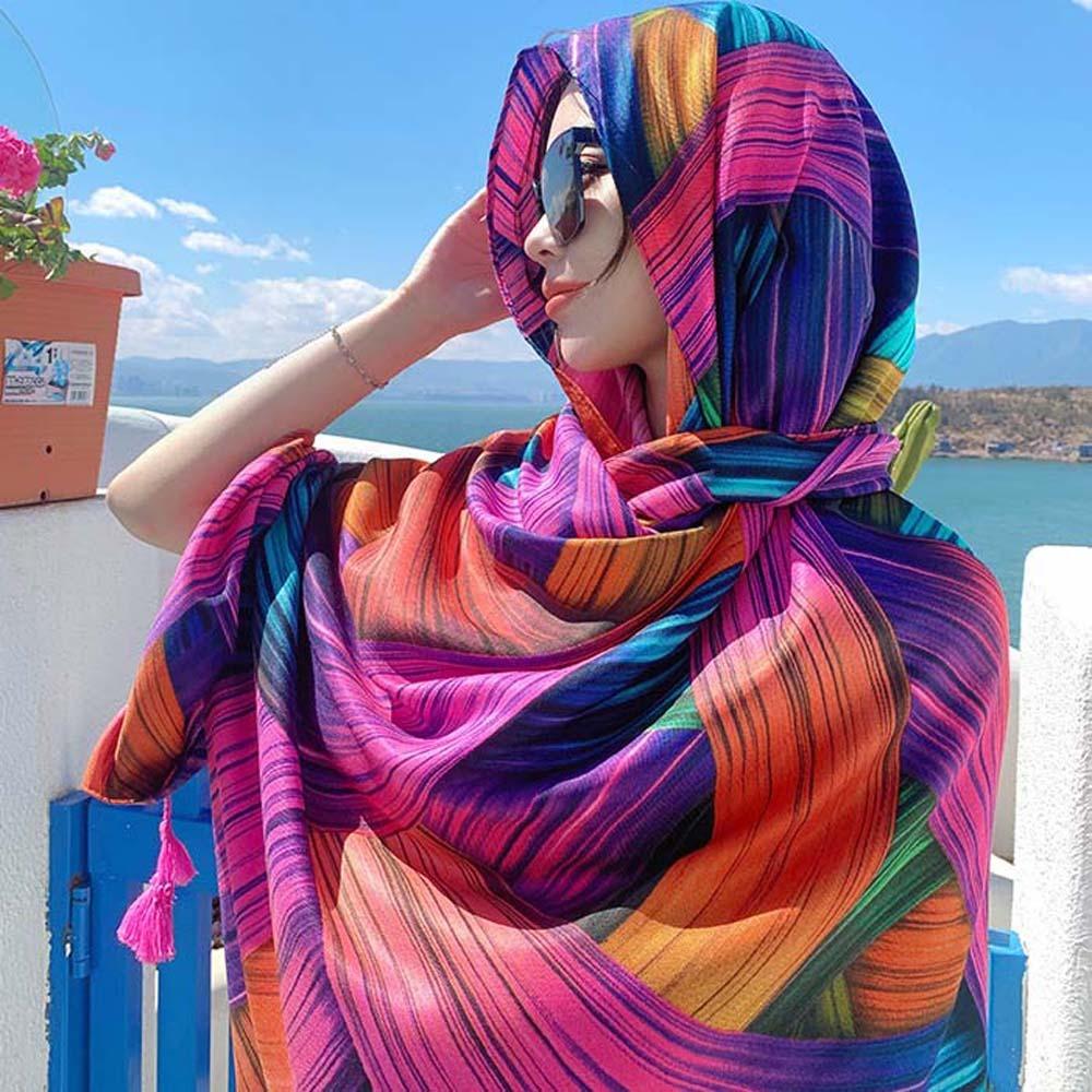 Cotton Ethnic Style Yarn Shawl Breathable Square Hijab Scarf Sweet Big Pattern Headscarf  Summer