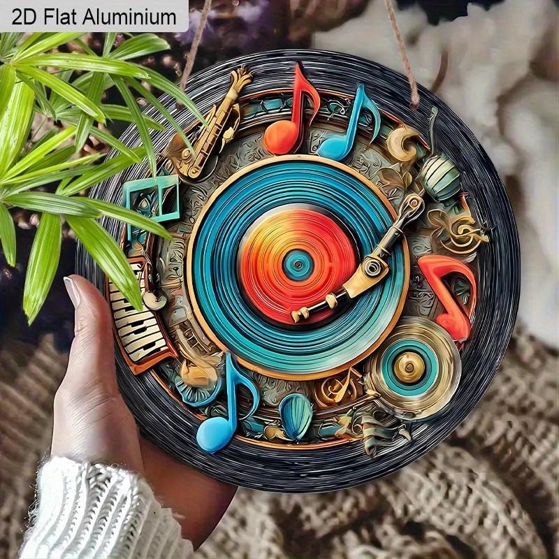 2D плоский ретро музыкальный CD рождественский венок алюминиевая табличка - Дизайн с нотами, Праздничное рождественское украшение для любителей музыки, Декоративная табличка, Круглая