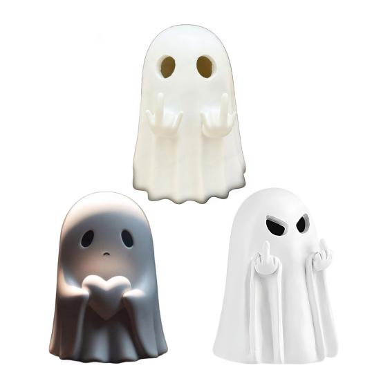 Halloween Love Heart Ghost Figurine Rude Middle Finger Ghost Statue Resin Sculpture Home Office Desktop Decoration Ornament