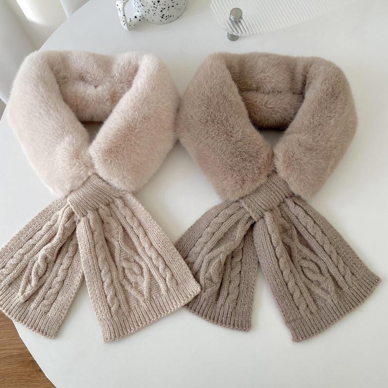 Knitted Scarf Women's Autumn and Winter Versatile Wool Plush Imitation Rex Rabbit Hair Cross Scarf Solid Color Thickened Neck Protector Fur Collar