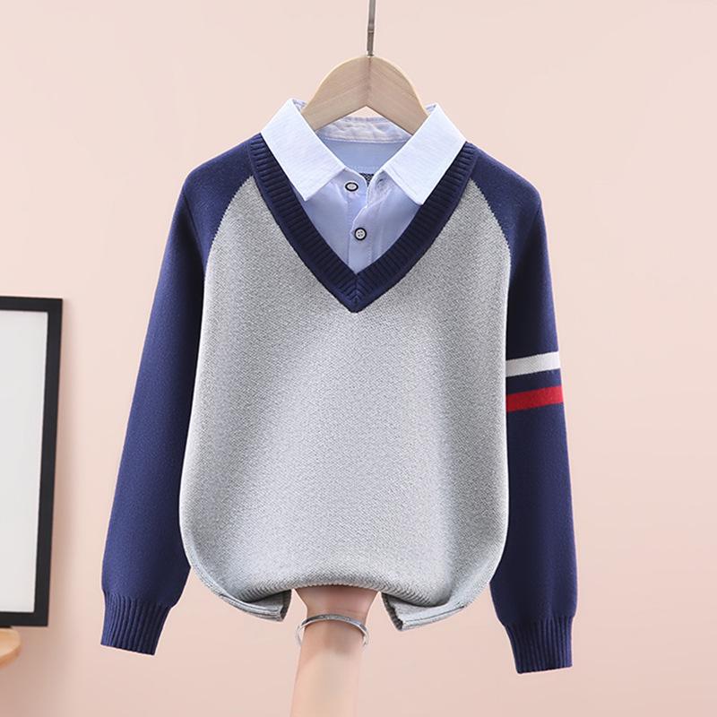 Вязаный свитер для мальчиков на флисовой подкладке: Плотный, Дизайн «Двойка» для Весны/Осени/Зимы