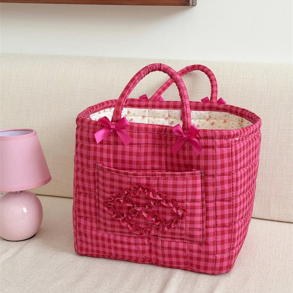 Plaid Design Quilted Storage Basket Bow Decor Desktop Organizer For Desktop Cosmetic Storage