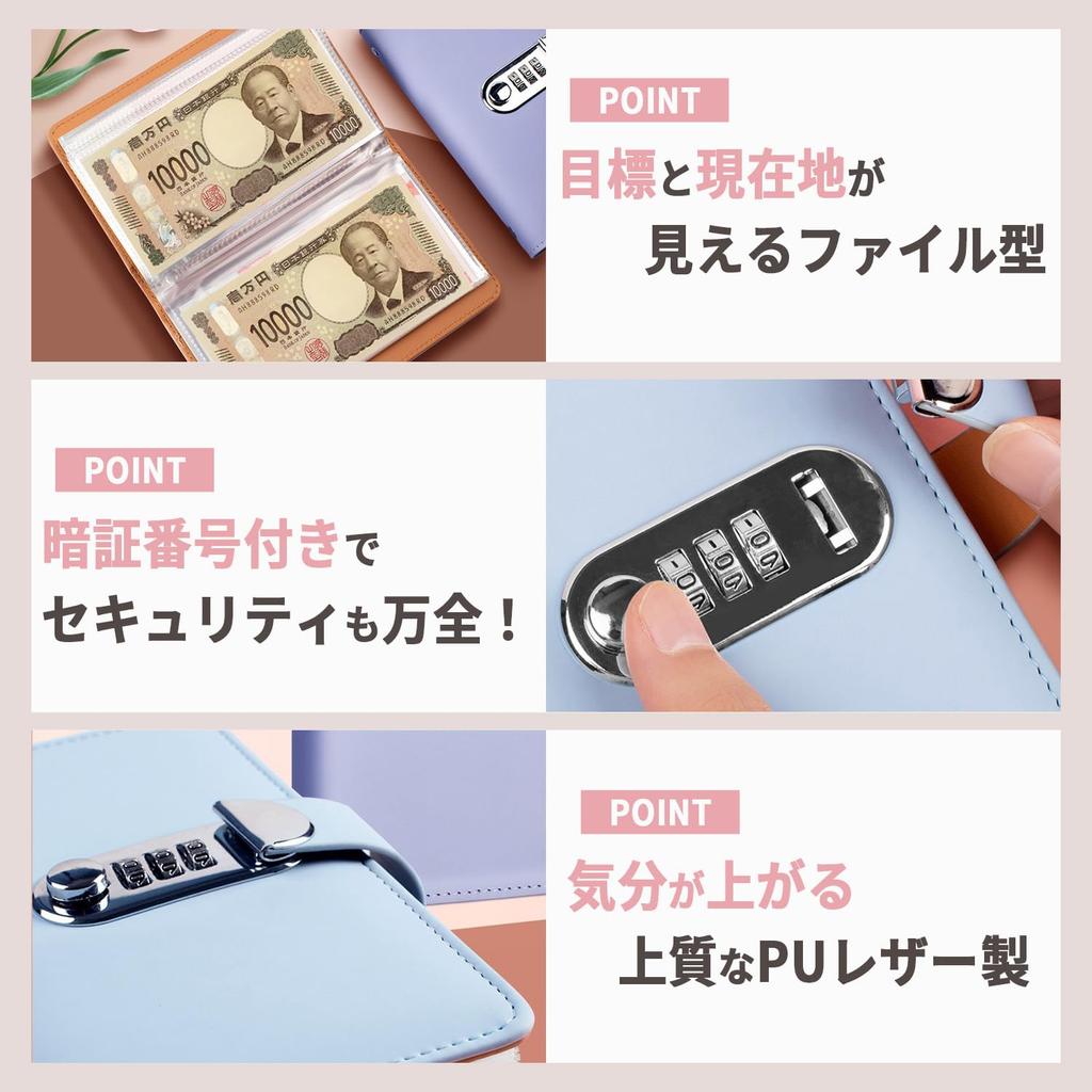 Mitoland Book-Shaped Piggy Bank with Password Lock, 50 Pockets, 1 Million Yen Challenge, PU Leather, Blue