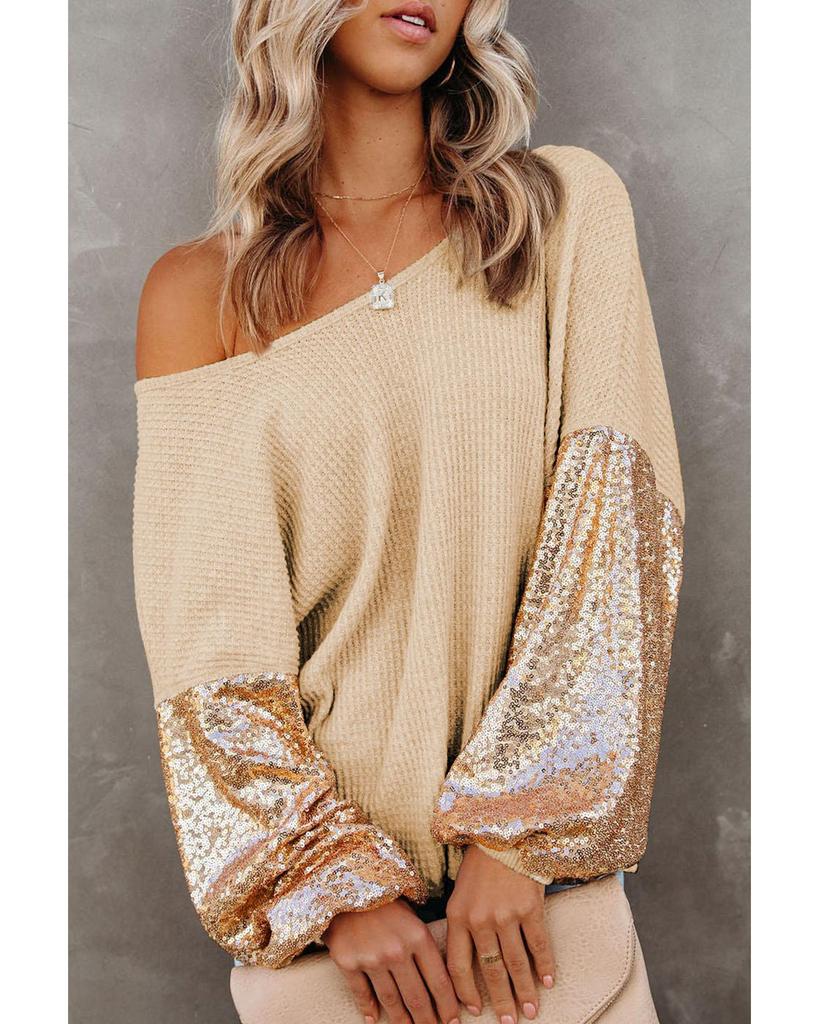 Azura Exchange Apricot Sequin Patchwork Sleeve Waffle Knit Top