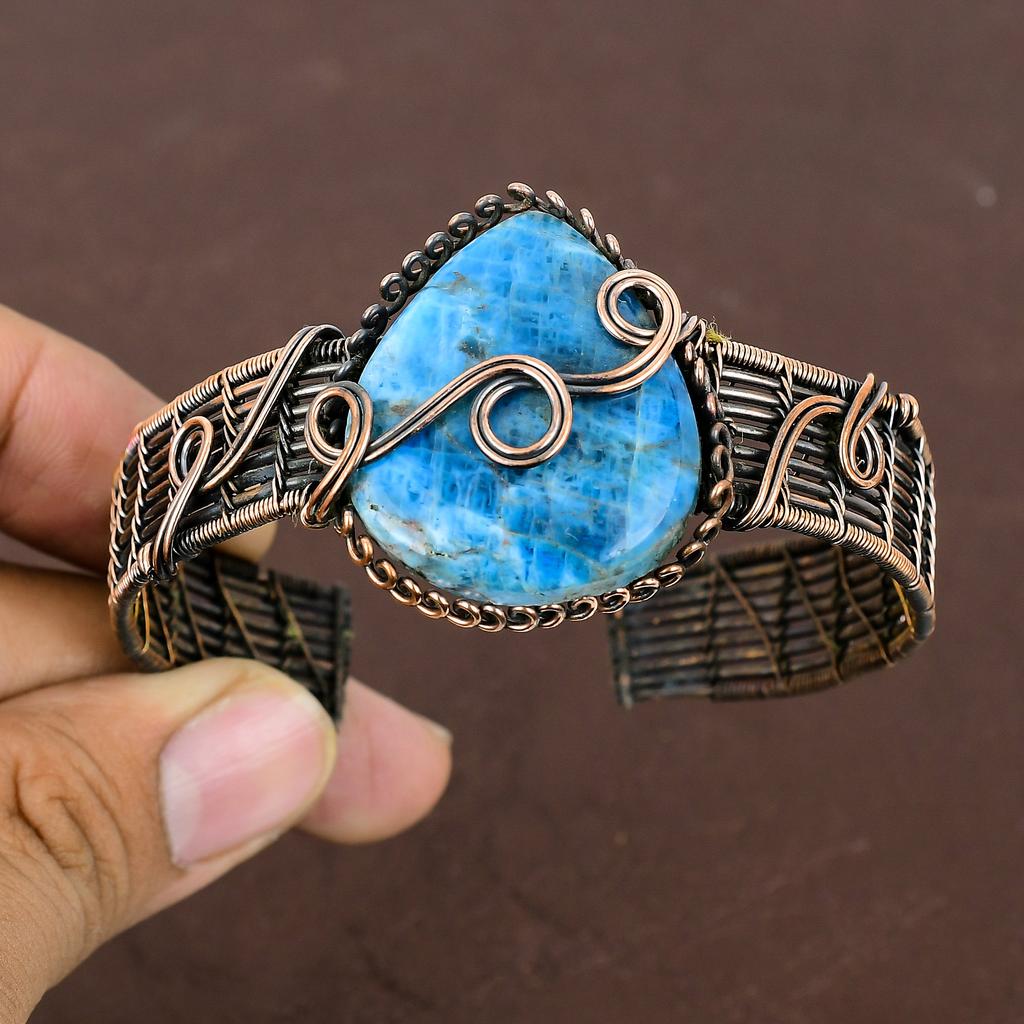 Натуральный неоновый синий апатит, браслет ручной работы из медной проволоки, регулируемый l4J75