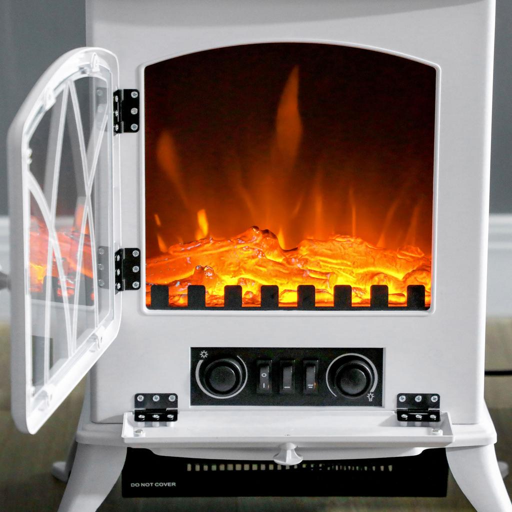 Freestanding electric fireplace 1000/2000 W, decorative fake fireplace with LED flame effect, white