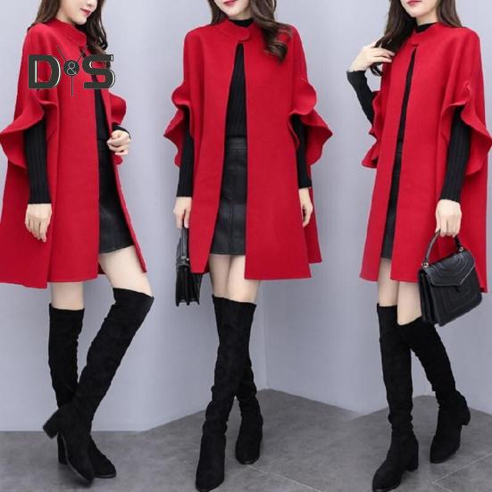 Женское зимнее пальто с рукавами-лепестками, воротником-стойкой, накидкой-трапецией, кардиганом средней длины с открытыми стежкам, шерстяным пальто для улицы, пончо
