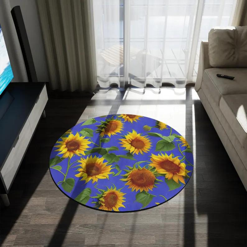 Sunflower Round Carpet Vintage Rustic Style Home Decor Rug Water-absorbing Anti Slip Floormat for Doormat Living Room Bedroom