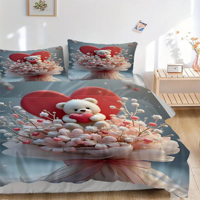 3 шт. Аниме Мишка Тедди Сердце Букет Комплект Постельного Белья - Включает Один Пододеяльник и Две Наволочки (Нет ядра) - Полиэфирная ткань, идеально подходит для кровати