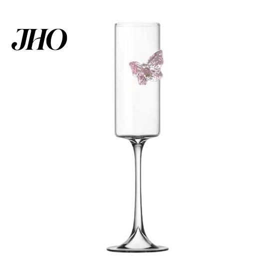 Wine Glass Champagne Flutes with 3D Pink Butterfly Decoration Drinkware Faux Crystal Wedding Party Anniversary Glasses Lightweight Glassware