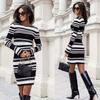 Женское осеннее темпераментное трикотажное платье с расклешенными рукавами в тон, в полоску, облегающего кроя и узкой талией